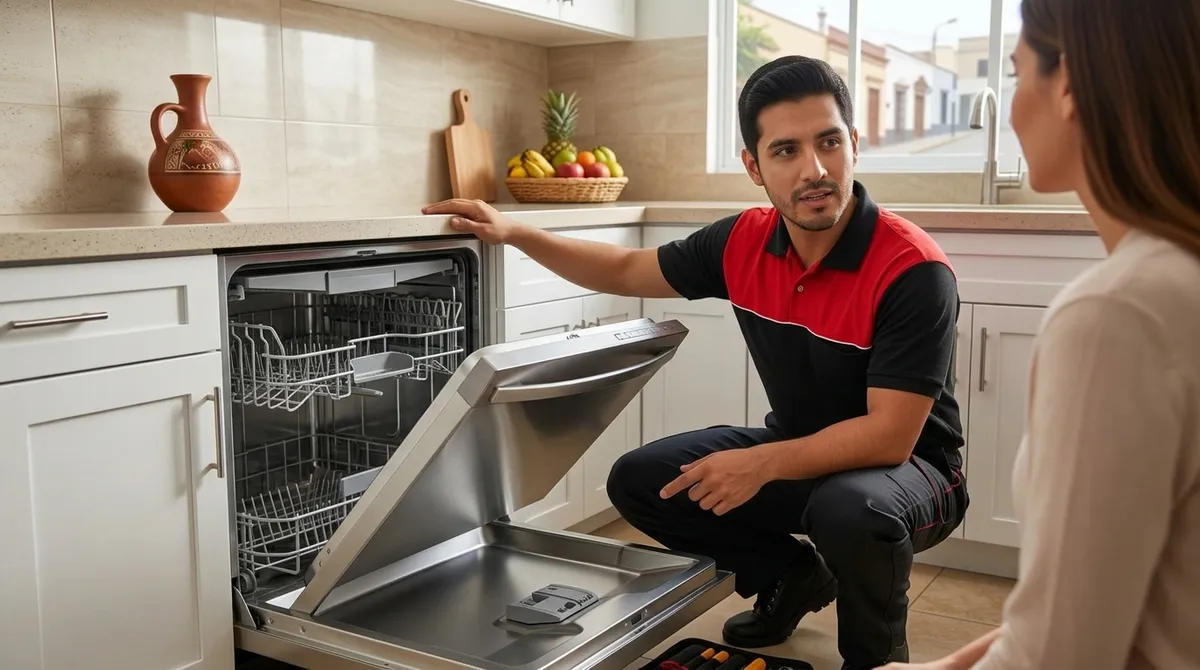 Técnico revisando un lavavajillas LG en una cocina de Lima